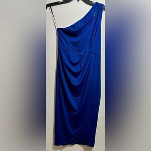 Zalalus One Shoulder Satin Dress. Blue Flowy (151)